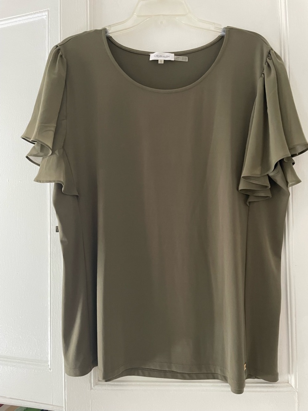 Calvin Klein Ruffled Short Sleeve Olive Green Blouse